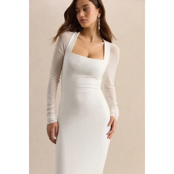 Kaelina | Robe mi-longue blanche à encolure carrée