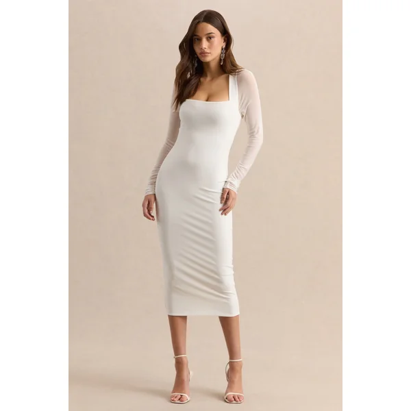 Kaelina | Robe mi-longue blanche à encolure carrée