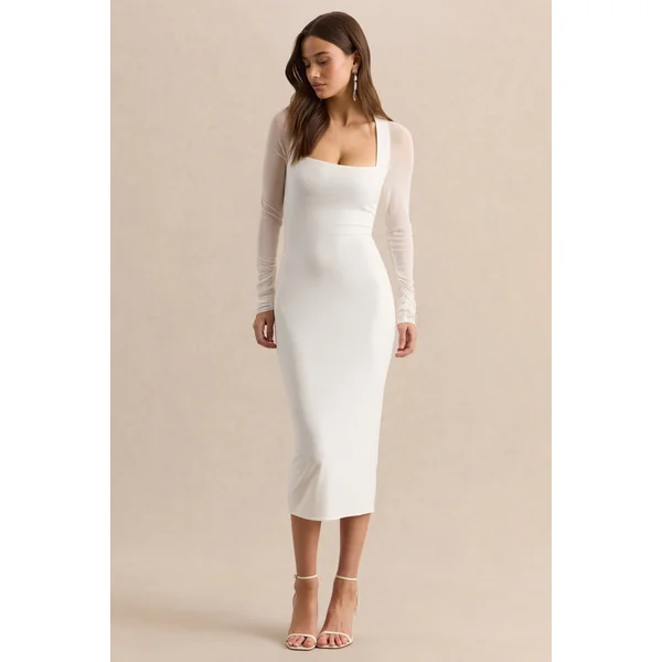 Kaelina | Robe mi-longue blanche à encolure carrée