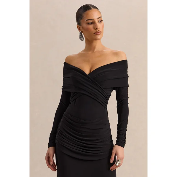 Kaelis | Body noir à encolure Bardot avec manches longues