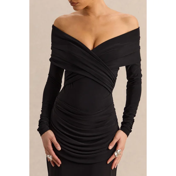 Kaelis | Body noir à encolure Bardot avec manches longues