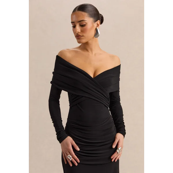 Kaelis | Body noir à encolure Bardot avec manches longues