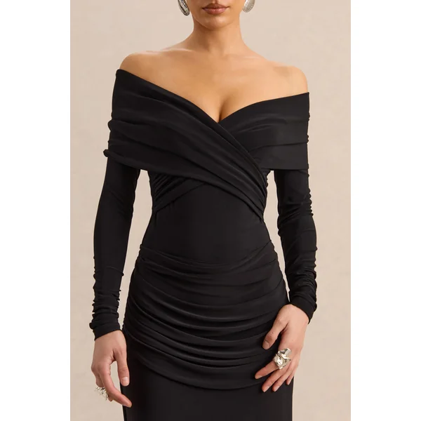 Kaelis | Body noir à encolure Bardot avec manches longues