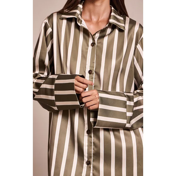 Kaki Chemise Satinée À Fines Rayures
