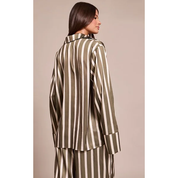 Kaki Chemise Satinée À Fines Rayures