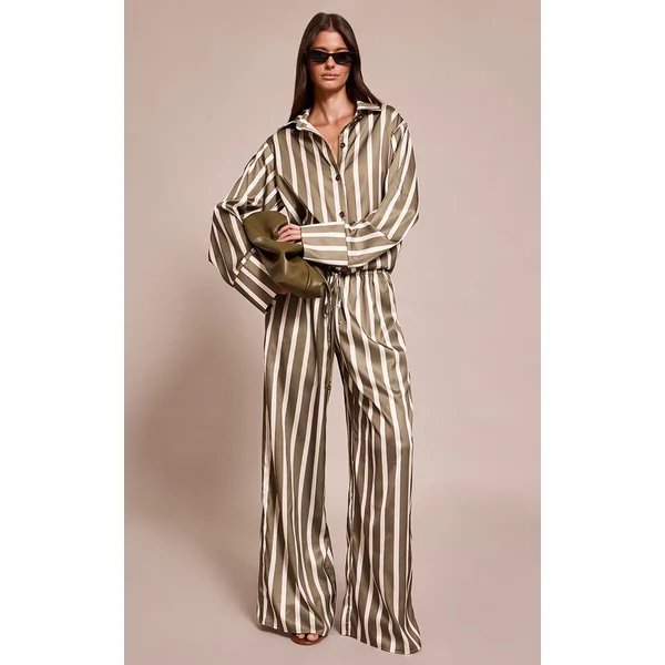 Kaki Chemise Satinée À Fines Rayures