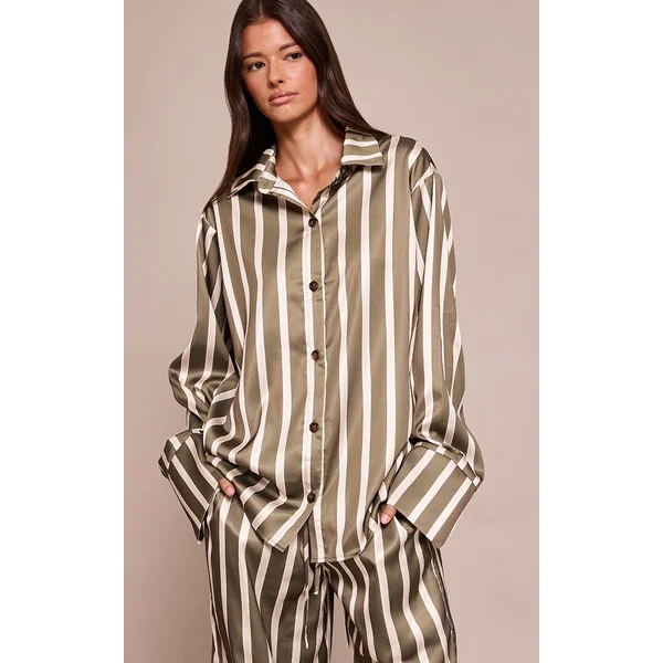 Kaki Chemise Satinée À Fines Rayures