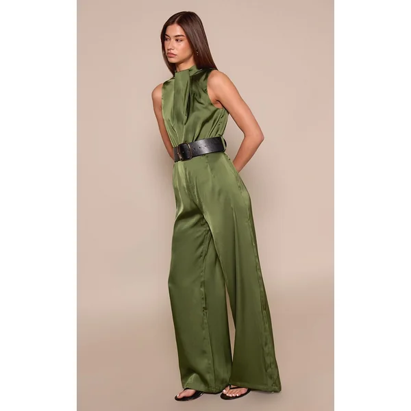Kaki Combinaison Pantalon Large En Satin Col Montant Avec Ceinture
