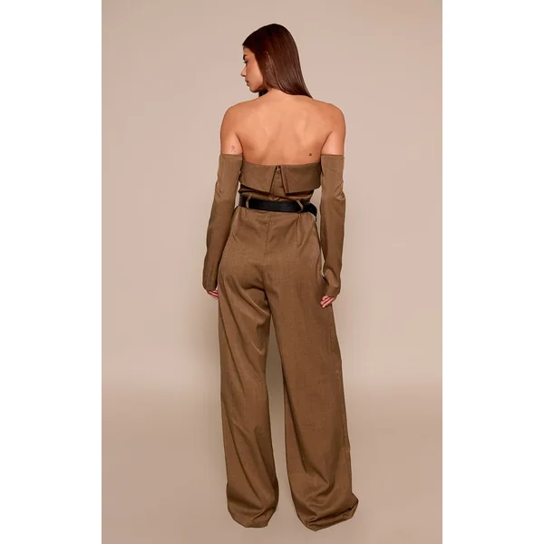 Kaki Combinaison Tissée À Épaules Dénudées Manches Longues Avec Ceinture