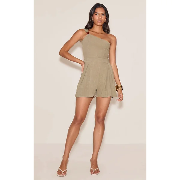 Kaki Combi-short À Une Épaule Aspect Lin Avec Détails De Perles