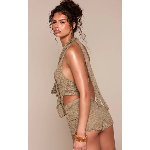Kaki Ensemble Coordonné Short Taille Basse Texturé