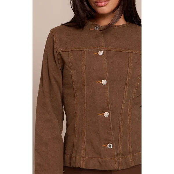 Kaki Foncé Chemise En Denim Sans Col À Boutonnage Asymétrique