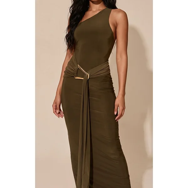 Kaki Foncé Robe Maxi Asymétrique À Une Épaule En Jersey Slinky Double Couche Avec Détails Froncés