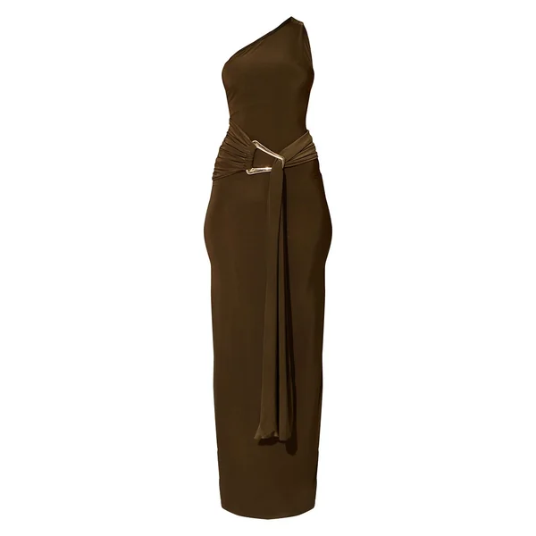 Kaki Foncé Robe Maxi Asymétrique À Une Épaule En Jersey Slinky Double Couche Avec Détails Froncés