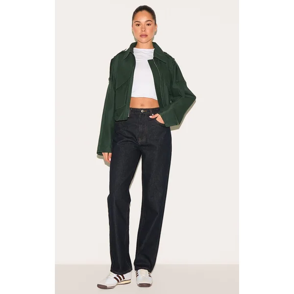 Kaki Foncé Veste Courte Zippée Jaune Beurre Avec Détails Trench