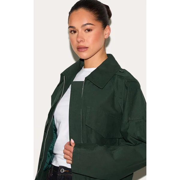 Kaki Foncé Veste Courte Zippée Jaune Beurre Avec Détails Trench