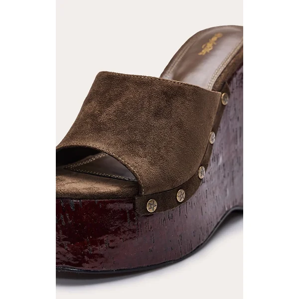 Kaki Mules Compensées À Clous En Synthétique