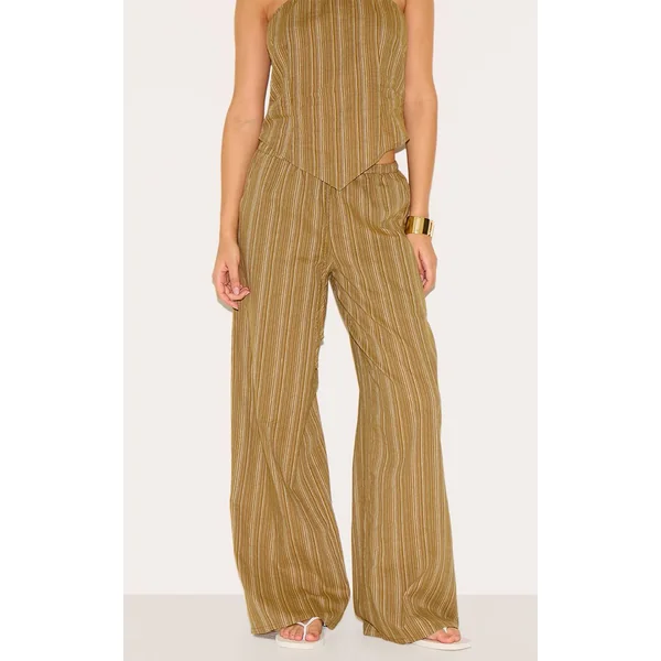 Kaki Pantalon En Coton À Rayures Fines Avec Taille Nouée Coordonné