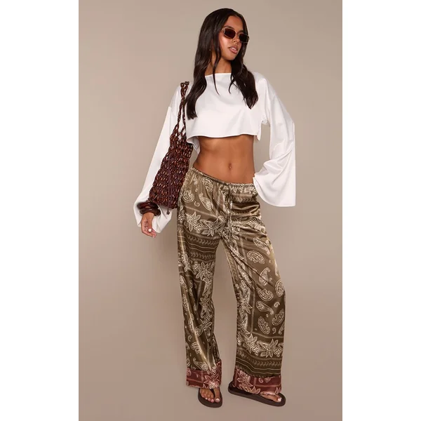 Kaki Pantalon En Satin À Motif Paisley Avec Ourlet Contrasté Et Cordon De Serrage