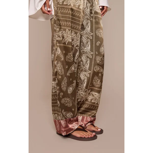 Kaki Pantalon En Satin À Motif Paisley Avec Ourlet Contrasté Et Cordon De Serrage