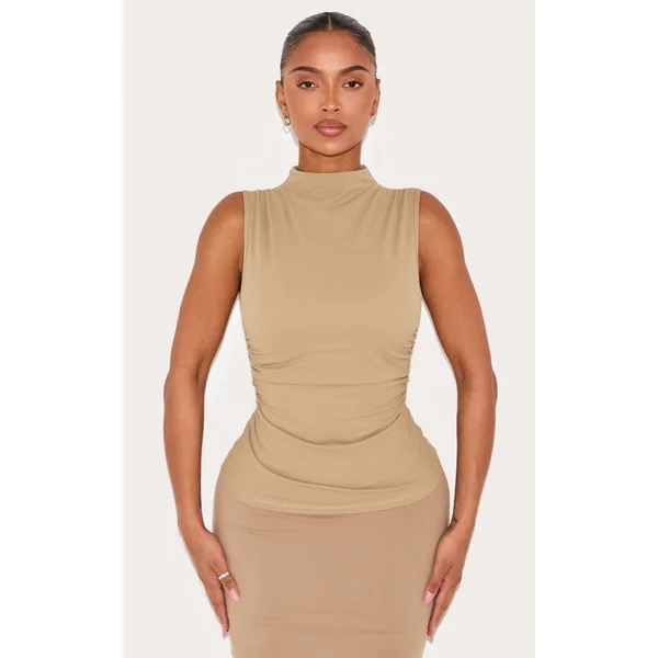 Kaki Top Sculptant Shape À Soutien-Gorge Intégré Col Bateau Et Côtés Froncés