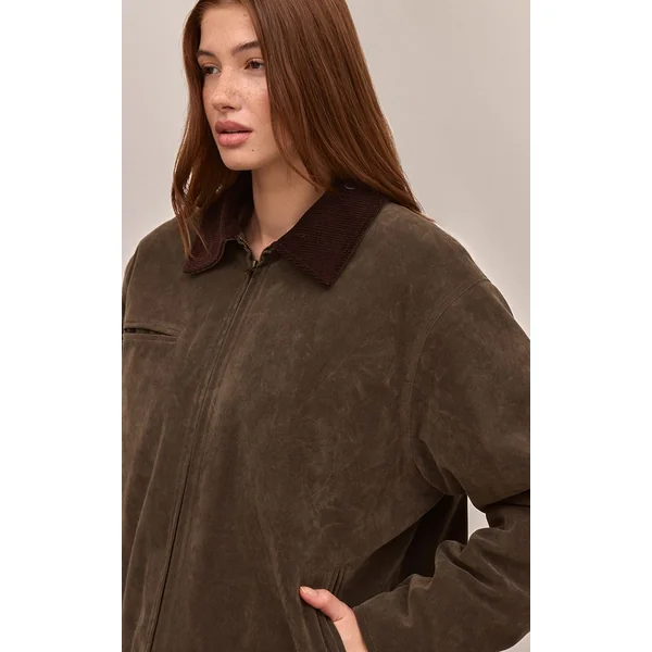 Kaki Veste Col Contrasté En Synthétique