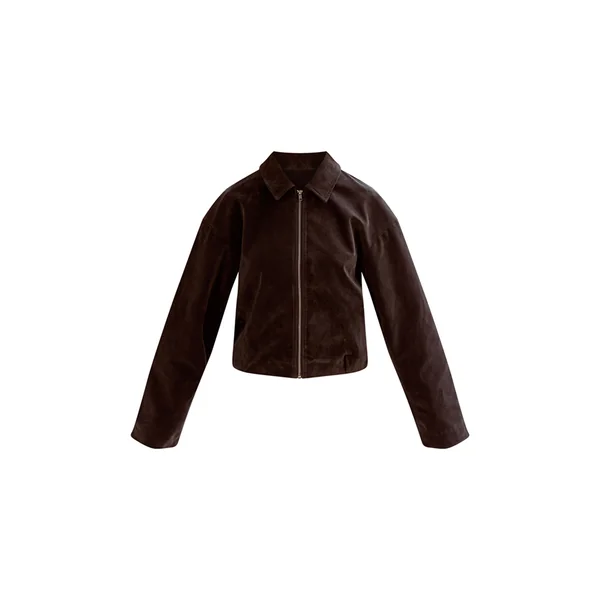Kaki Veste Courte Plissée En Daim Avec Fermeture Éclair