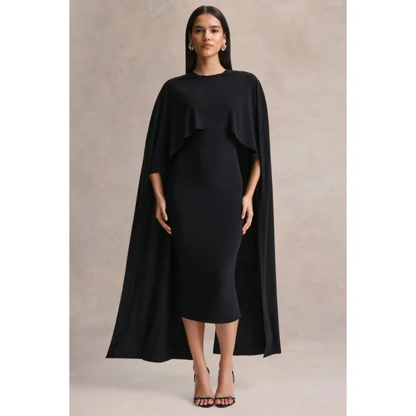 Kalani | Robe mi-longue noire à encolure ras-du-cou avec manches cape