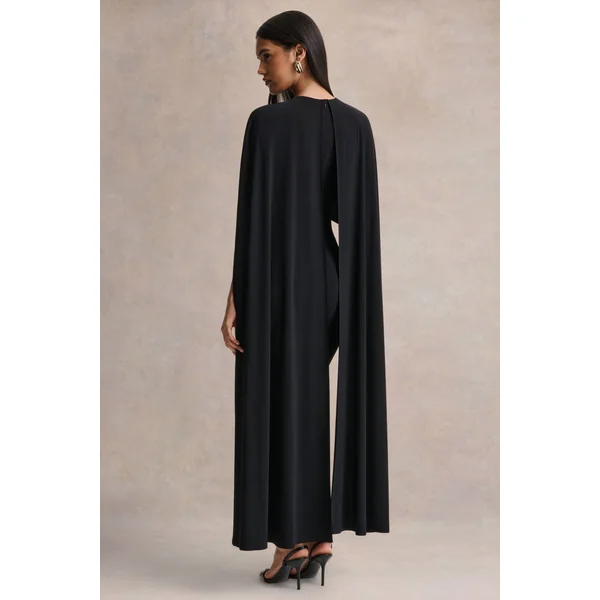 Kalani | Robe mi-longue noire à encolure ras-du-cou avec manches cape
