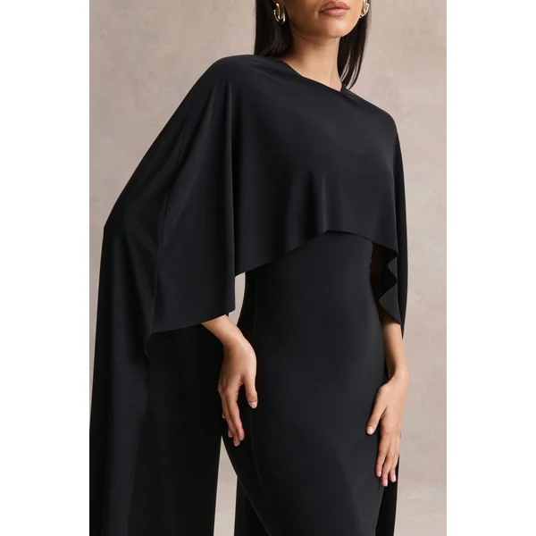 Kalani | Robe mi-longue noire à encolure ras-du-cou avec manches cape