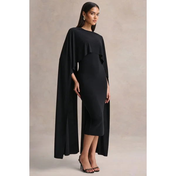 Kalani | Robe mi-longue noire à encolure ras-du-cou avec manches cape