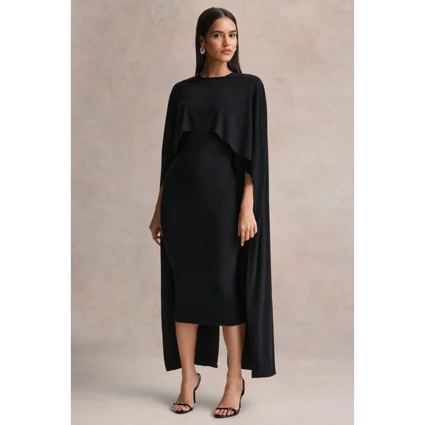 Kalani | Robe mi-longue noire à encolure ras-du-cou avec manches cape