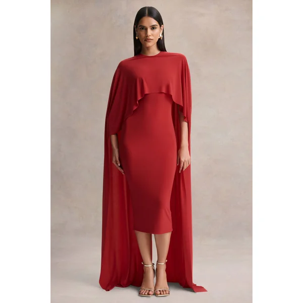 Kalani | Robe mi-longue rouge à encolure ras-du-cou avec manches cape