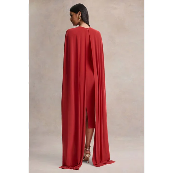 Kalani | Robe mi-longue rouge à encolure ras-du-cou avec manches cape