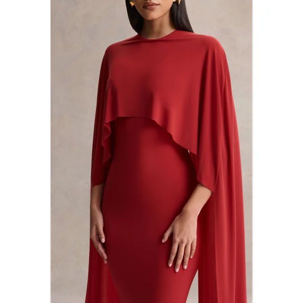 Kalani | Robe mi-longue rouge à encolure ras-du-cou avec manches cape