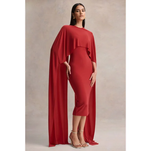 Kalani | Robe mi-longue rouge à encolure ras-du-cou avec manches cape