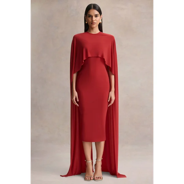 Kalani | Robe mi-longue rouge à encolure ras-du-cou avec manches cape