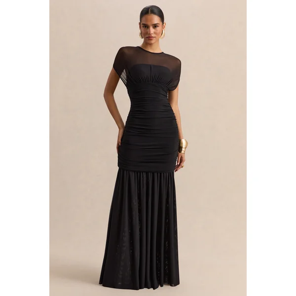 Kalene | Robe longue noire à encolure large avec détails en tulle transparent