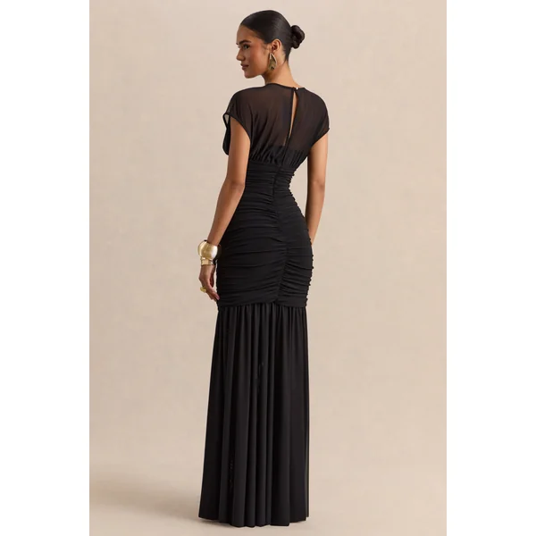 Kalene | Robe longue noire à encolure large avec détails en tulle transparent