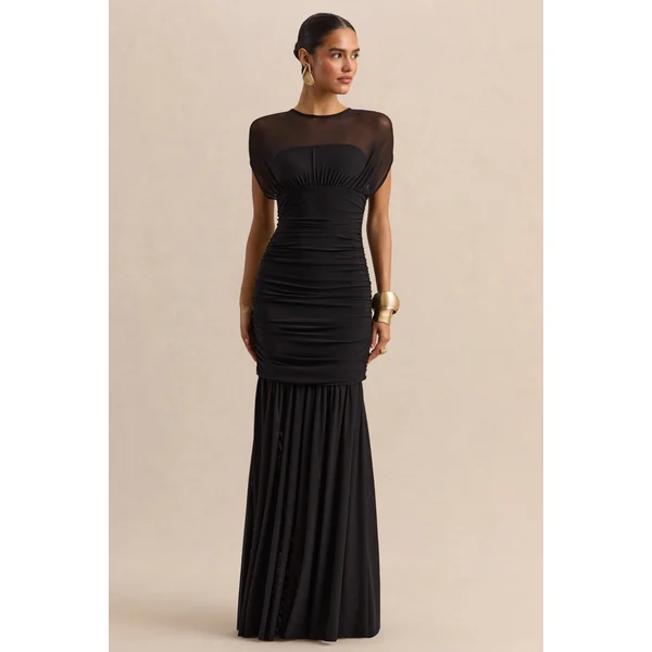 Kalene | Robe longue noire à encolure large avec détails en tulle transparent