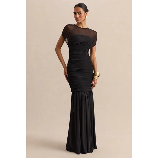 Kalene | Robe longue noire à encolure large avec détails en tulle transparent