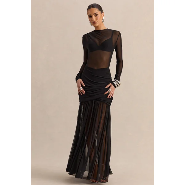 Kallie | Jupe longue noire en mesh à taille torsadée