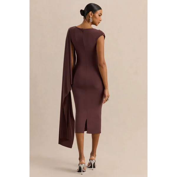 Kamoria | Robe mi-longue marron à encolure ronde avec manche cape