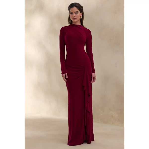 Karessa | Robe longue baie à encolure haute avec détails froncés et fente haute à l’avant
