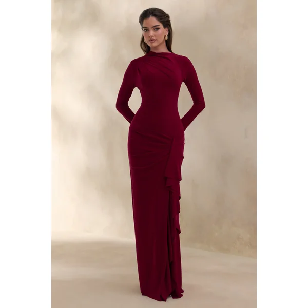 Karessa | Robe longue baie à encolure haute avec détails froncés et fente haute à l’avant