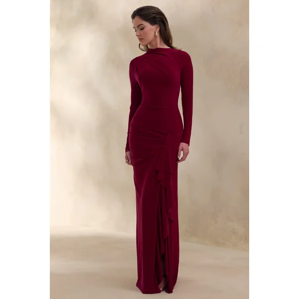 Karessa | Robe longue baie à encolure haute avec détails froncés et fente haute à l’avant