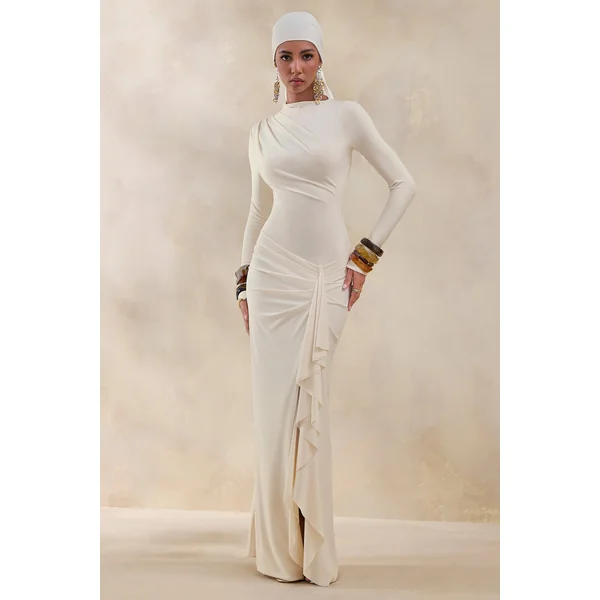 Karessa | Robe longue crème à encolure haute avec détails froncés et fente haute sur le devant