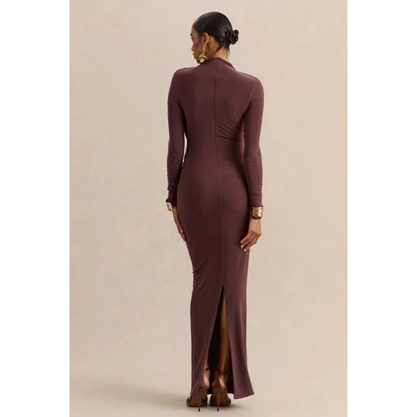 Karinthia | Robe longue marron à encolure haute et détails drapés