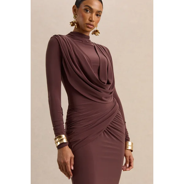 Karinthia | Robe longue marron à encolure haute et détails drapés