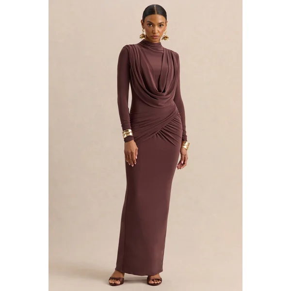 Karinthia | Robe longue marron à encolure haute et détails drapés
